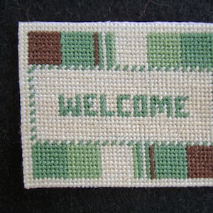 Dollhouse Miniature Needlepoint Welcome Mat or Rug in Green, Brown and Ecru