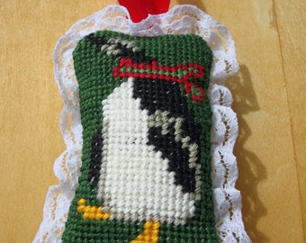 Holiday Penguin - Needlepoint Christmas Ornament