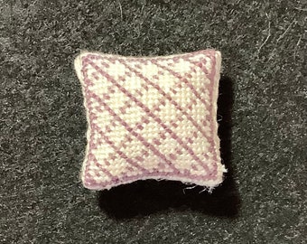 Dollhouse Miniature Needlepoint - Off-White Square Pillow with Diamond Pattern in Soft Plum