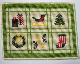 Dollhouse Miniature Christmas Needlepoint Rug with Bright Green and Off-White Border