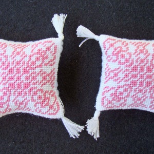 Pink and White Dollhouse Miniature Needlepoint Pillows with Tassels