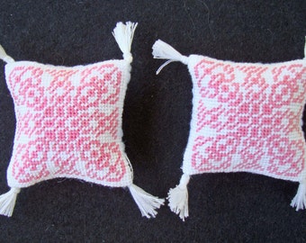 Pink and White Dollhouse Miniature Needlepoint Pillows with Tassels