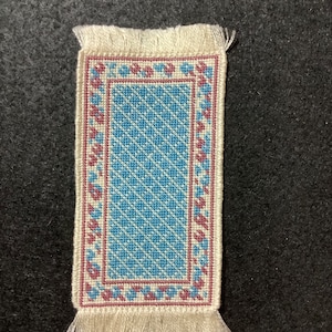 Dollhouse Miniature Pastel Needlepoint Rug with Blue Diamond Pattern Center and Floral Border