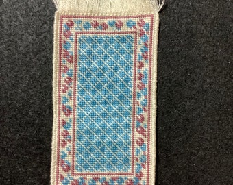 Dollhouse Miniature Pastel Needlepoint Rug with Blue Diamond Pattern Center and Floral Border