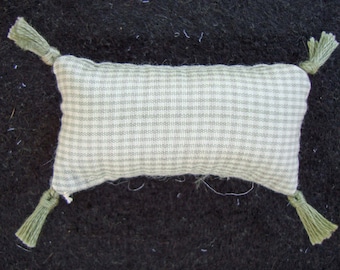 One Dollhouse Miniature Sage Green and Off-White Plaid Pillow (Rectangular with Tassels)