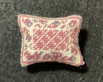 Dollhouse Miniature Rectangular Needlepoint Pillow with Plum Diamond Pattern Center and Plum Border with Flowers