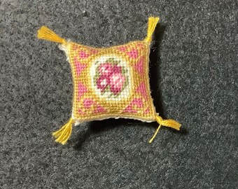 Floral Medallion with Curlicues in Dollhouse Miniature Needlepoint Pillow with Tassels - Bold Pink
