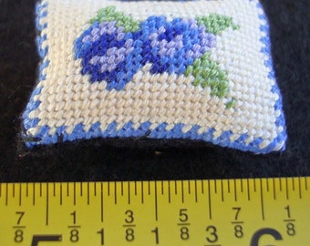 Blue Flower Dollhouse Miniature Needlepoint Pillow