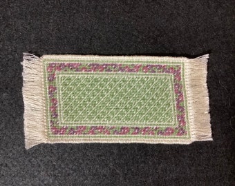 Dollhouse Miniature Pastel Needlepoint Rug with Green Diamond Pattern Center and Floral Border