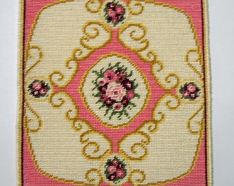 Dollhouse Miniature Floral Medallion Needlepoint Rug - Pink with Burgundy Stripe