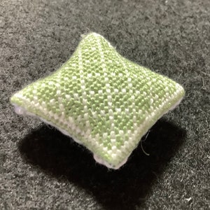 Dollhouse Miniature Needlepoint - Green Square Pillow with Diamond Pattern in Off-White