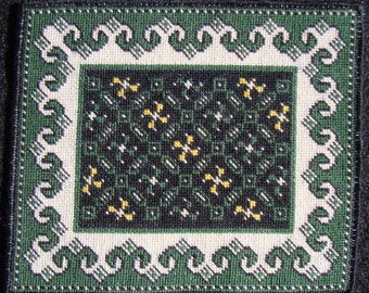 Miniature Needlepoint Rug -  Dark Green, Black and Ecru