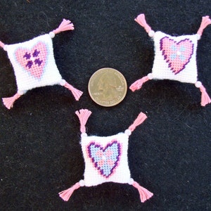 Three Pink, Blue and White Dollhouse Miniature Valentine Heart Needlepoint Pillows with Tassels and Beads