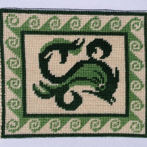 Dollhouse Miniature Greek Dolphin Motif Needlepoint Rug - Green