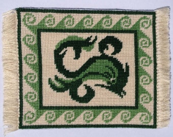 Dollhouse Miniature Greek Dolphin Motif Needlepoint Rug - Green