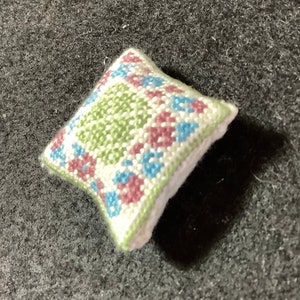 Dollhouse Miniature Needlepoint - Square Pillow with Green Diamond Pattern and Blue and Rose Pink Floral Border on White