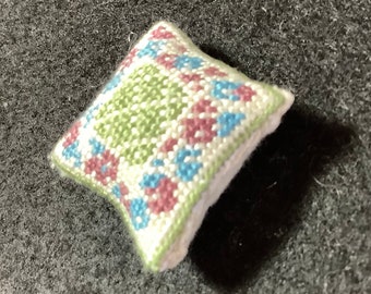 Dollhouse Miniature Needlepoint - Square Pillow with Green Diamond Pattern and Blue and Rose Pink Floral Border on White