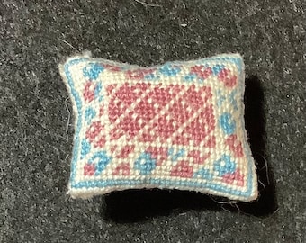 Dollhouse Miniature Rectangular Needlepoint Pillow with Plum Diamond Pattern Center and Blue Border with Flowers