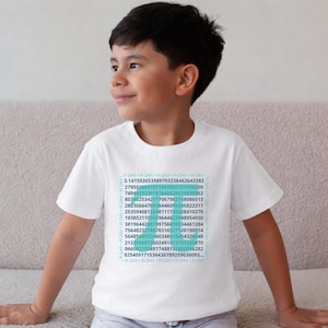 May include: White t-shirt with a Pi Day design, displaying the digits of pi in a grid. The text is teal. The t-shirt is worn by a child.