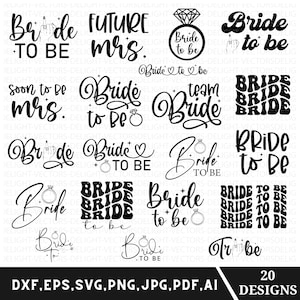 May include: A set of 20 black and white printable designs for a bridal shower or wedding. The designs feature various phrases related to a bride, such as "Bride to be", "Future Mrs.", and "Team Bride".