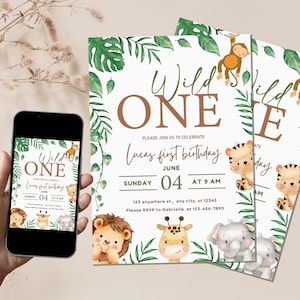 Safari Wild One invito di compleanno, invito per il 1° compleanno, invito per baby shower con animali da safari, invito per il 1° compleanno con animali da safari, download digitale