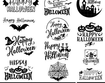 May include: Twelve black and white Halloween-themed designs featuring various text and images, including bats, pumpkins, witches, and houses. The text includes "Happy Halloween" in different fonts and styles.