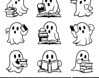 Puede incluir: Nueve ilustraciones en blanco y negro de fantasmas leyendo libros. Los fantasmas están en varias poses, algunos sosteniendo libros, algunos leyendo y algunos llevando pilas de libros.