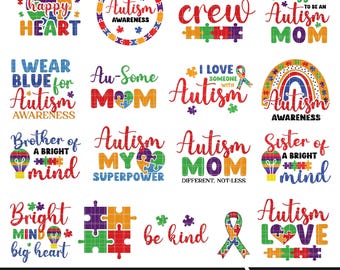 Puede incluir: Un conjunto de 17 diseños digitales coloridos con texto y piezas de rompecabezas relacionados con la concienciación sobre el autismo. Los diseños incluyen frases como "Concienciación sobre el autismo", "Tripulación autista", "Mamá autista", "El autismo, mi superpoder", "Uso azul para la concienciación sobre el autismo", "Hermano de una mente brillante", "Hermana de una mente brillante", "Mamá autista genial", "Amo a alguien con autismo", "Bendecida por ser una mamá autista", "Amor autista", "Sé amable" y "Mente brillante, gran corazón".