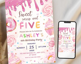 Candy 5th Birthday Invitation Template, Sweet Sassy Invite (Digital Download)