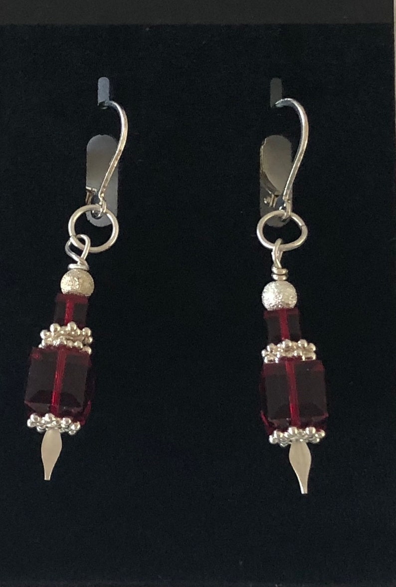 Lever Back Ruby Red Short Dangle Earrings image 1