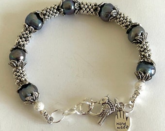 Adjustable, large dark purple freshwater pearl and silver plated Pewter beaded womens bracelet fits most wrist sizes