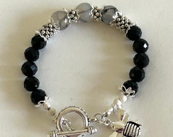 Queen Bee charm, womens bracelet, Black Tourmaline, Tourmilinated Quartz, Queen Bee bracelet, black and white, black jewelry, black beads