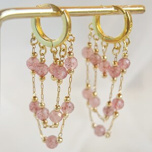 Dainty Strawberry Quartz and Lepidolite Hoop Earrings - Crystal Chain Earring - Handmade Jewelry - Everyday Stackable Earring - Gift for Her
