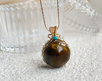 Tiger's Eye Pendant Necklace - Handcrafted Gold Wire Wrapped Natural Gemstone with Turquoise - Natural Healing Stone Jewelry - Gift for Him