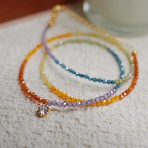 Rainbow Gem Necklace with Moissanite, Colorful Gemstone Choker, Dainty Collarbone Necklace for Women, Stackable Necklace, Handmade Jewelry