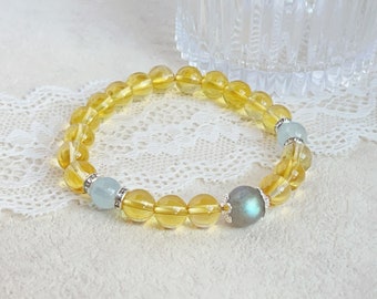 Pulsera artesanal de citrino, piedra lunar y aguamarina - Joyería de cristales curativos - Pulsera de cristal de la suerte - Cristal guardián de Tauro - Regalo para ella