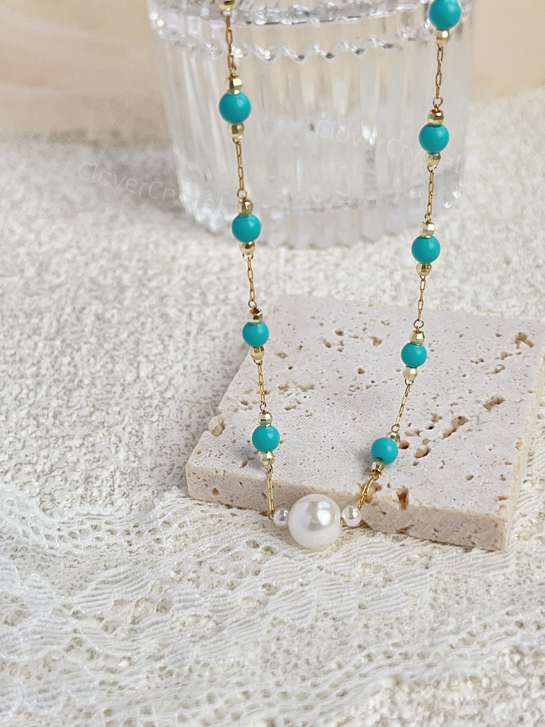 Boho Türkis Perlen Kette in 14K Gold - Elegante Türkis Choker Halskette - Süßwasserperlen - Handgefertigter Schmuck für den Sommer