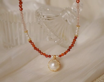 Facettierte Rot Achat Kristall Halskette mit Perle - Zarte Rosenquarz Kristall Perlen Halskette - Natürlicher Liebes Stein - Handgemachter Schmuck