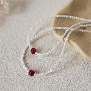 Elegant Mother-of-Pearl & Red Agate Necklace - Handmade Beaded Jewelry - Layering Necklace for Women - Natural Shell Beads - Gift for Mom