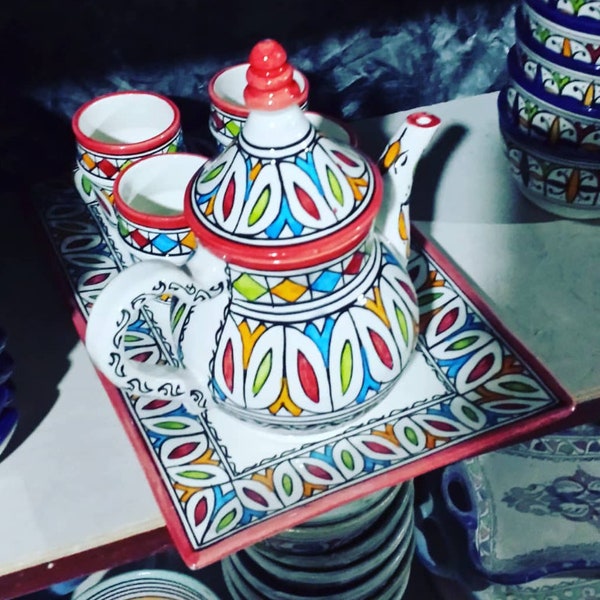 Moroccan Ceramic Tea Set - Traditional Artisan Pottery | Vibrant, Glazed Tea Cups & Teapot