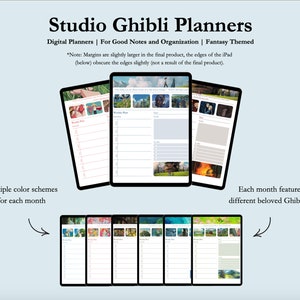 May include: Digital planners featuring different Studio Ghibli films. Each planner has a weekly layout with a colorful background and a Ghibli film image. The text "Multiple color schemes for each month" and "Each month features a different beloved Ghibli film" is included in the image.
