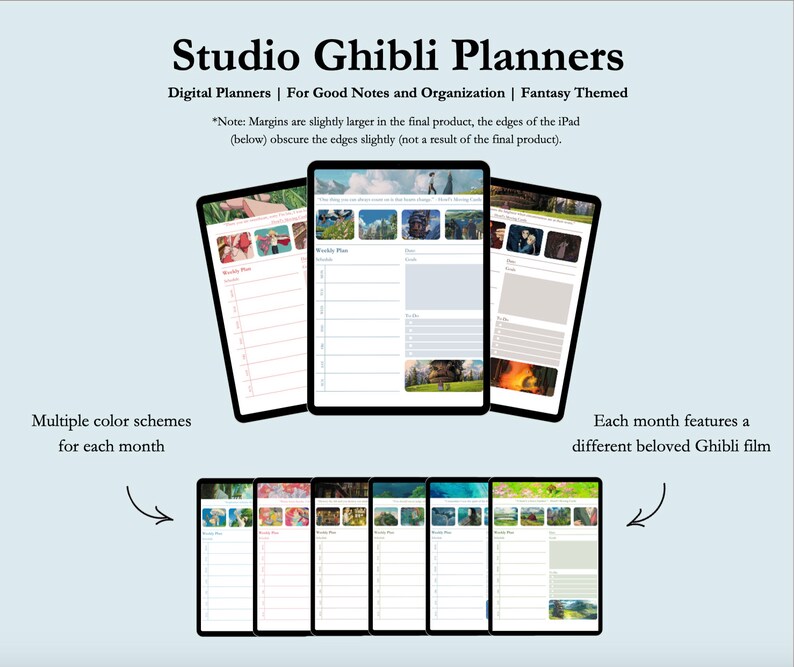 May include: Digital planners featuring different Studio Ghibli films. Each planner has a weekly layout with a colorful background and a Ghibli film image. The text "Multiple color schemes for each month" and "Each month features a different beloved Ghibli film" is included in the image.