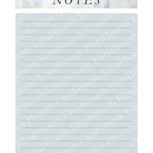 May include: A light blue lined notebook with the word "NOTES" printed in black at the top. The background is a light blue color with a faint image of a mountain range and a person standing on a mountain.
