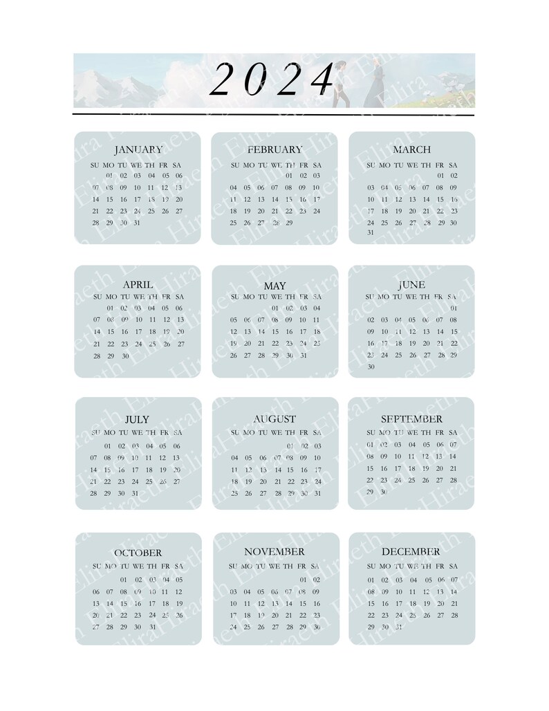 May include: A blue and white calendar for the year 2024. Each month is displayed in a separate square with the days of the week labeled. The calendar is decorated with a mountain scene and a person hiking.