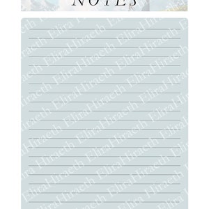 May include: A light blue lined notebook with the word "NOTES" printed in black at the top. The background is a light blue color with a faint image of a mountain range and a person standing on a mountain.