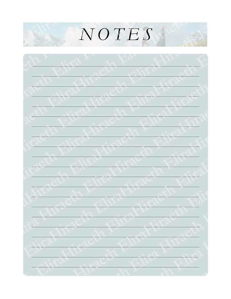 May include: A light blue lined notebook with the word "NOTES" printed in black at the top. The background is a light blue color with a faint image of a mountain range and a person standing on a mountain.