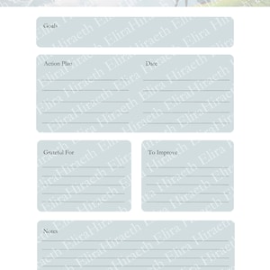 May include: A printable January monthly planner with sections for goals, action plan, date, grateful for, to improve, and notes. The planner has a light blue background with a faint image of a couple walking on a mountain path.