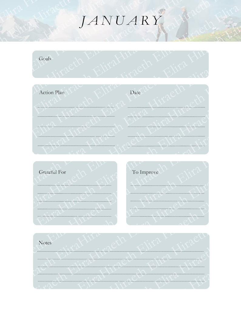 May include: A printable January monthly planner with sections for goals, action plan, date, grateful for, to improve, and notes. The planner has a light blue background with a faint image of a couple walking on a mountain path.