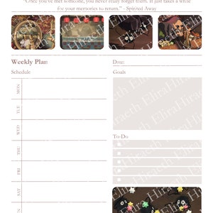 May include: A weekly planner with a whimsical design featuring characters from the animated film Spirited Away. The planner includes sections for scheduling, goals, and to-do lists. The background features a train and a quote from the film: "Once you've met someone, you never really forget them. It just takes a while for your memories to return." - Spirited Away.