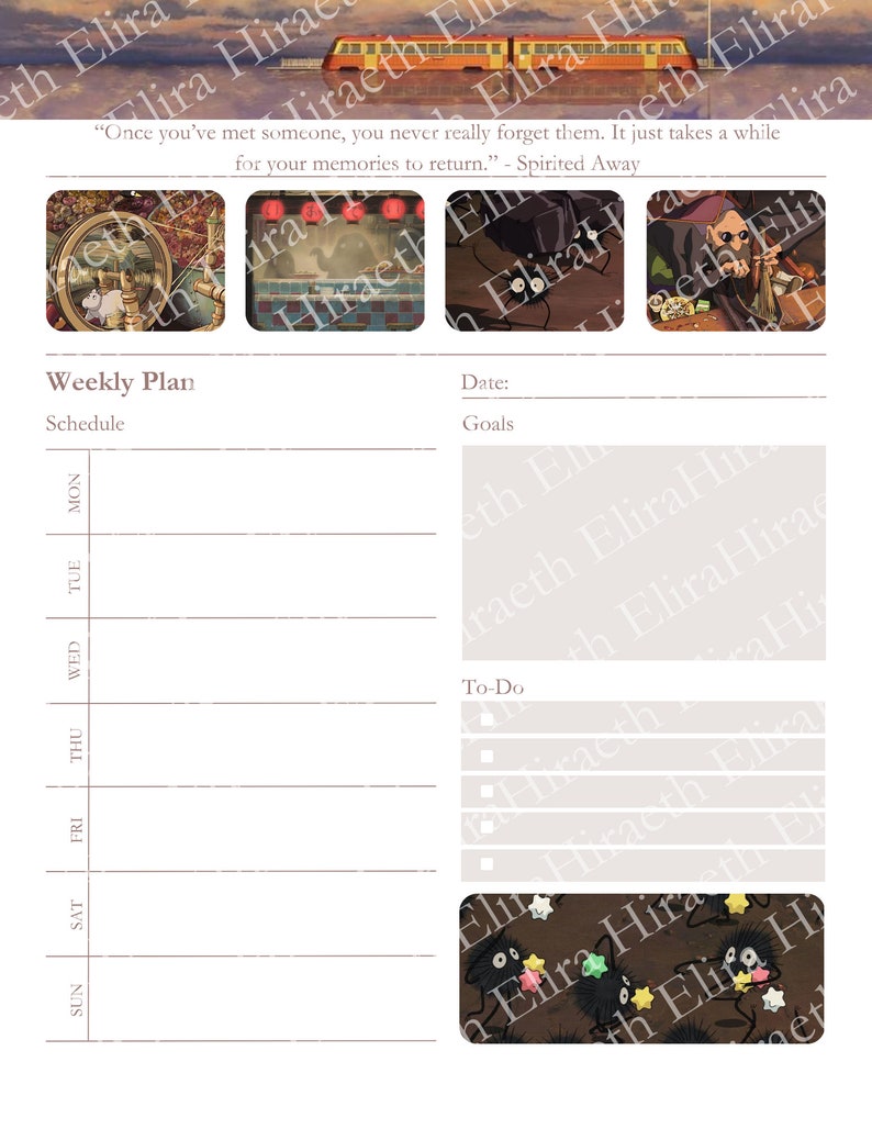 May include: A weekly planner with a whimsical design featuring characters from the animated film Spirited Away. The planner includes sections for scheduling, goals, and to-do lists. The background features a train and a quote from the film: "Once you've met someone, you never really forget them. It just takes a while for your memories to return." - Spirited Away.